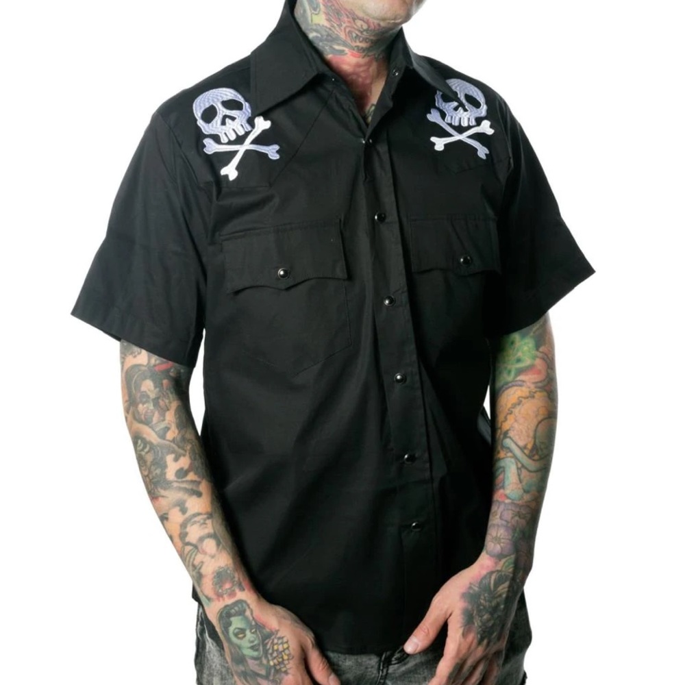 Harlock Skull X Bones Black Western Button Up Shirt S-M-L-XL-2XL-3XL-4XL NWT